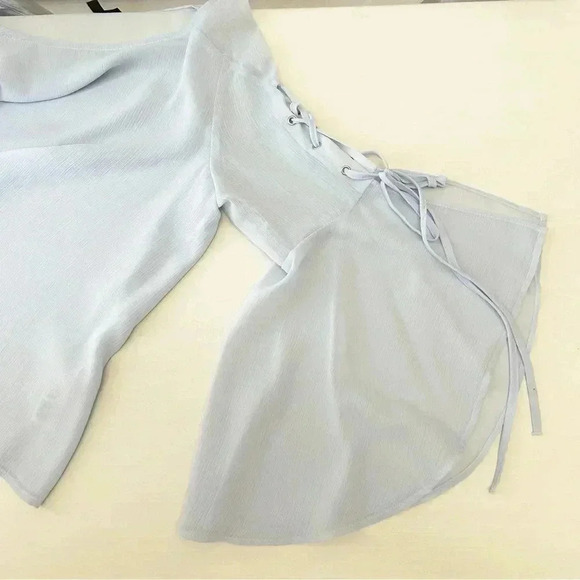 Topshop Eyelet Lace Up Fluted Sleeves Sheer Blouse Top Light Blue Size Small - Picture 13 of 16